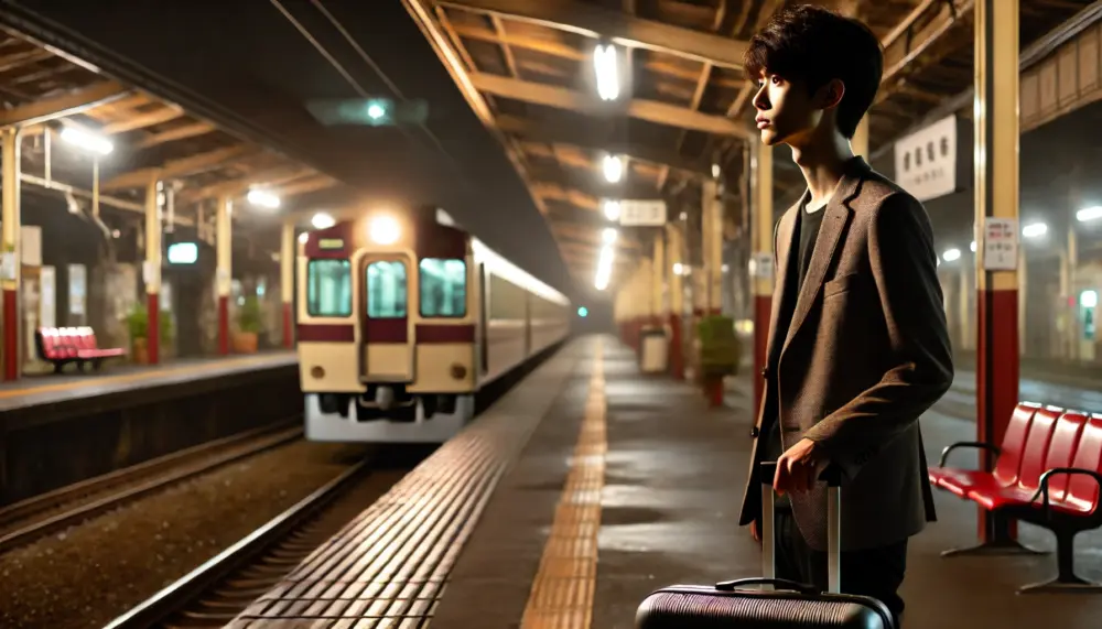 若者が夜の駅で旅立ちを考える姿