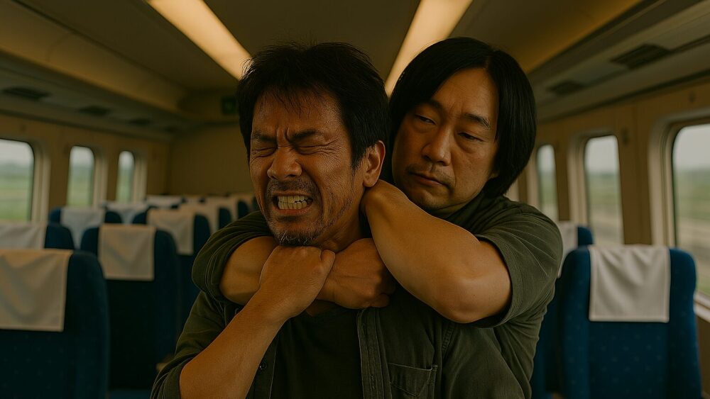 蜜柑と格闘する七尾