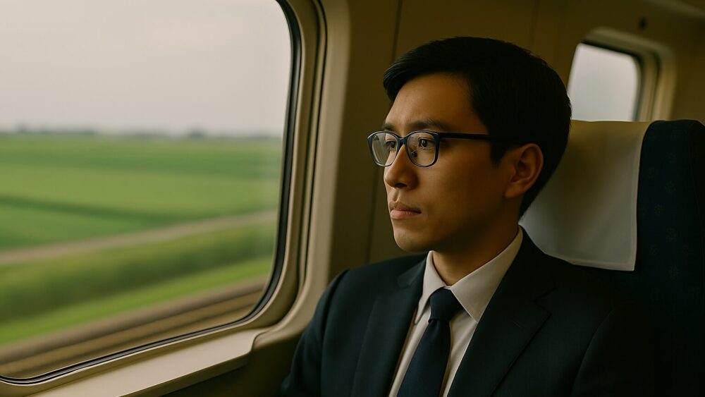 車窓から風景を眺める鈴木